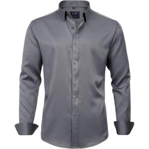 imageJVER Boys Long Sleeve Dress Shirts Solid Stretch WrinkleFree Shirt Kids Casual Button Down ShirtsGrey