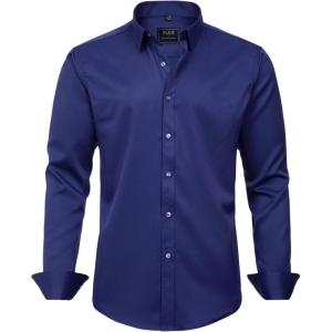 imageJVER Boys Long Sleeve Dress Shirts Solid Stretch WrinkleFree Shirt Kids Casual Button Down ShirtsNavy Blue