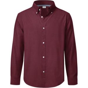 imageJVER Boys Long Sleeve Oxford Dress Shirts Solid Casual Button Down Collar Shirt Kids Formal Uniform TopsBurgundy