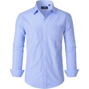 imageJVER Dress Shirts for Men Cotton Long Sleeve Button Down Shirt Business Casual Classic Plaid Tops with PocketA Light Blue Gingham