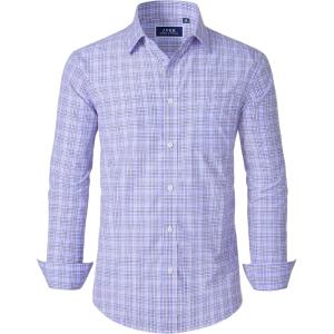 imageJVER Dress Shirts for Men Cotton Long Sleeve Button Down Shirt Business Casual Classic Plaid Tops with PocketBlue Red Gingham