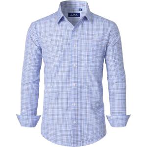imageJVER Dress Shirts for Men Cotton Long Sleeve Button Down Shirt Business Casual Classic Plaid Tops with PocketBlue Yellow Gingham