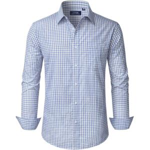imageJVER Dress Shirts for Men Cotton Long Sleeve Button Down Shirt Business Casual Classic Plaid Tops with PocketBlue Yellow Plaid
