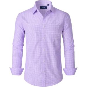imageJVER Dress Shirts for Men Cotton Long Sleeve Button Down Shirt Business Casual Classic Plaid Tops with PocketPurple Gingham