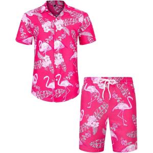 imageJVER Mens Hawaiian Shirts Casual Button Down Short Sleeve Shirts Set Printed Shorts Beach Tropical Hawaii SuitsApinkflamingo