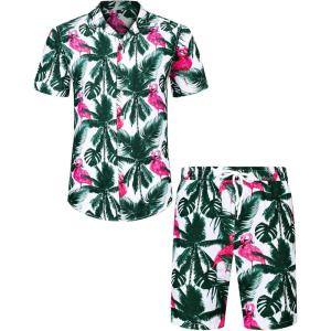 imageJVER Mens Hawaiian Shirts Casual Button Down Short Sleeve Shirts Set Printed Shorts Beach Tropical Hawaii SuitsAwhiteflamingo