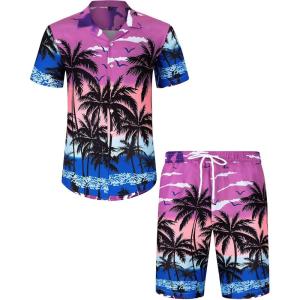 imageJVER Mens Hawaiian Shirts Casual Button Down Short Sleeve Shirts Set Printed Shorts Beach Tropical Hawaii SuitsCoconut Treepink Purple