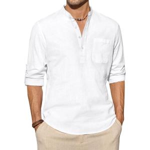 imageJVER Mens Linen Roll Up Long Sleeve Shirt Cotton Casual Beach Shirts Henley TShirt Band Collar Vacation Tops with PocketAwhite