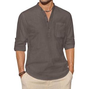 imageJVER Mens Linen Roll Up Long Sleeve Shirt Cotton Casual Beach Shirts Henley TShirt Band Collar Vacation Tops with PocketDark Brown