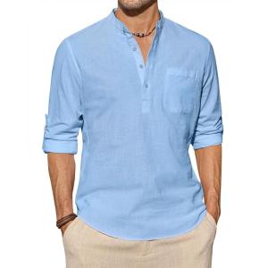 imageJVER Mens Linen Roll Up Long Sleeve Shirt Cotton Casual Beach Shirts Henley TShirt Band Collar Vacation Tops with PocketLight Blue