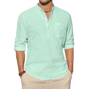 imageJVER Mens Linen Roll Up Long Sleeve Shirt Cotton Casual Beach Shirts Henley TShirt Band Collar Vacation Tops with PocketMint Green