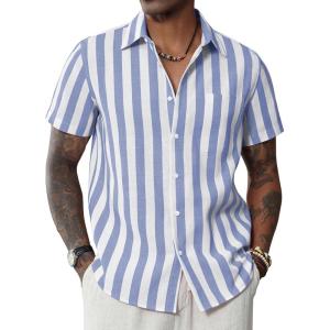 imageJVER Mens Linen Shirts Short Sleeve Casual Striped Button Down Shirt for Summer Beach Yoga