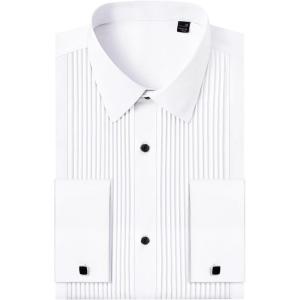 imageJVER Tuxedo Shirts for Men French Cuff Dress Shirt with Metal Cufflinks Formal Business Pleated Shirt for Prom Wedding PartyWhite