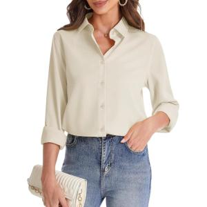 imageJVER Womens Button Down Shirt Long Sleeve Solid Dress Shirts Chiffon Work Office Blouse Fashion Formal Business Casual TopsBeige