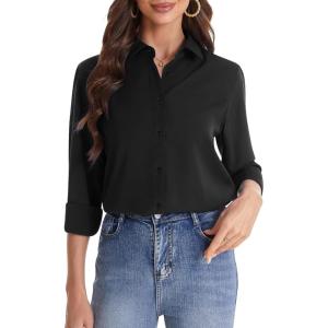 imageJVER Womens Button Down Shirt Long Sleeve Solid Dress Shirts Chiffon Work Office Blouse Fashion Formal Business Casual TopsBlack