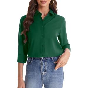 imageJVER Womens Button Down Shirt Long Sleeve Solid Dress Shirts Chiffon Work Office Blouse Fashion Formal Business Casual TopsDark Green