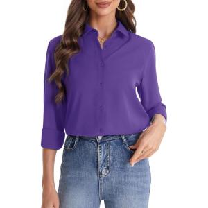 imageJVER Womens Button Down Shirt Long Sleeve Solid Dress Shirts Chiffon Work Office Blouse Fashion Formal Business Casual TopsDark Purple