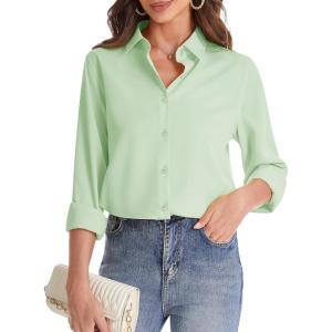 imageJVER Womens Button Down Shirt Long Sleeve Solid Dress Shirts Chiffon Work Office Blouse Fashion Formal Business Casual TopsLight Green