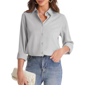 imageJVER Womens Button Down Shirt Long Sleeve Solid Dress Shirts Chiffon Work Office Blouse Fashion Formal Business Casual TopsLight Grey