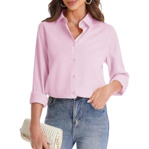 imageJVER Womens Button Down Shirt Long Sleeve Solid Dress Shirts Chiffon Work Office Blouse Fashion Formal Business Casual TopsLight Pink