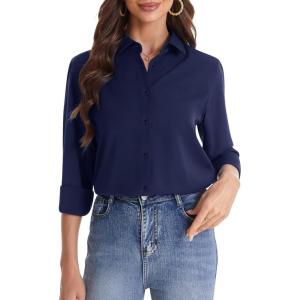 imageJVER Womens Button Down Shirt Long Sleeve Solid Dress Shirts Chiffon Work Office Blouse Fashion Formal Business Casual TopsNavy Blue