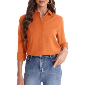 imageJVER Womens Button Down Shirt Long Sleeve Solid Dress Shirts Chiffon Work Office Blouse Fashion Formal Business Casual TopsOrange