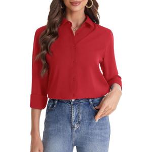imageJVER Womens Button Down Shirt Long Sleeve Solid Dress Shirts Chiffon Work Office Blouse Fashion Formal Business Casual TopsRed