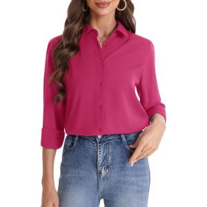 imageJVER Womens Button Down Shirt Long Sleeve Solid Dress Shirts Chiffon Work Office Blouse Fashion Formal Business Casual TopsRose Red