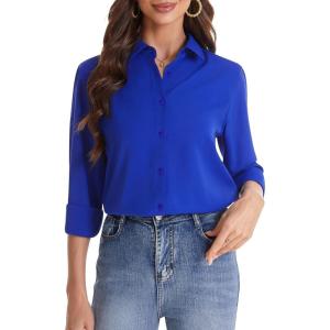 imageJVER Womens Button Down Shirt Long Sleeve Solid Dress Shirts Chiffon Work Office Blouse Fashion Formal Business Casual TopsRoyal Blue