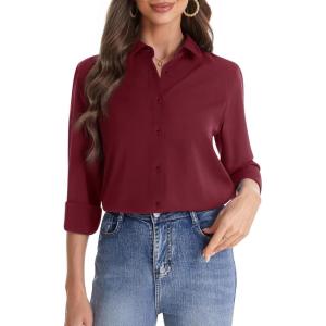 imageJVER Womens Button Down Shirt Long Sleeve Solid Dress Shirts Chiffon Work Office Blouse Fashion Formal Business Casual TopsWine Red