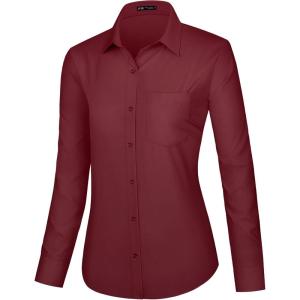imageJVER Dress Shirts for Women Button Down Wrinkle Free Shirt Business Casual Long Sleeve Work Blouse with PocketBurgundy