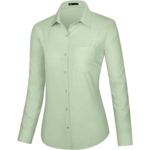 imageJVER Dress Shirts for Women Button Down Wrinkle Free Shirt Business Casual Long Sleeve Work Blouse with PocketLight Green