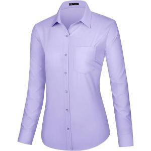 imageJVER Dress Shirts for Women Button Down Wrinkle Free Shirt Business Casual Long Sleeve Work Blouse with PocketLight Purple