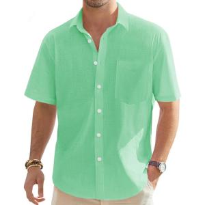 imageJVER Mens Cotton Linen Short Sleeve Shirts Casual Lightweight Button Down Shirts Vacation Beach Summer Tops with PocketBright Green