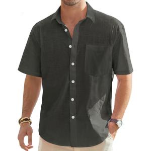 imageJVER Mens Cotton Linen Short Sleeve Shirts Casual Lightweight Button Down Shirts Vacation Beach Summer Tops with PocketCarbon Grey