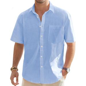 imageJVER Mens Cotton Linen Short Sleeve Shirts Casual Lightweight Button Down Shirts Vacation Beach Summer Tops with PocketLight Blue