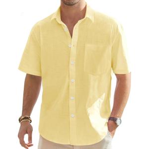 imageJVER Mens Cotton Linen Short Sleeve Shirts Casual Lightweight Button Down Shirts Vacation Beach Summer Tops with PocketLight Yellow