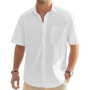 imageJVER Mens Cotton Linen Short Sleeve Shirts Casual Lightweight Button Down Shirts Vacation Beach Summer Tops with PocketWhite