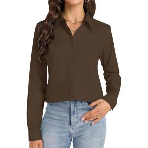 imageJVER Button Down Shirts for Women Stretch Collared Cotton Long Sleeve Dress Shirt Business Casual Blouse for WorkCoffee Brown