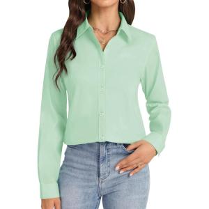 imageJVER Button Down Shirts for Women Stretch Collared Cotton Long Sleeve Dress Shirt Business Casual Blouse for WorkLight Green