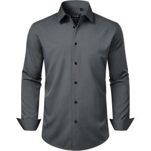imageJVER Mens Dress Shirts Stretch Long Sleeve Formal Shirt Solid Business Casual Button Down Shirts for Wedding PromDark Grey