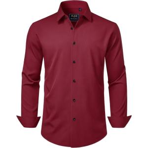imageJVER Mens Dress Shirts Stretch Long Sleeve Formal Shirt Solid Business Casual Button Down Shirts for Wedding PromWine Red