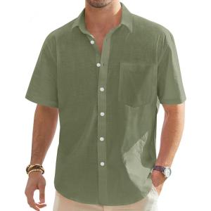 imageJVER Mens Linen Short Sleeve Shirts Cotton Casual Lightweight Button Down Shirt Beach Vacation Summer Tops with PocketOlive Green