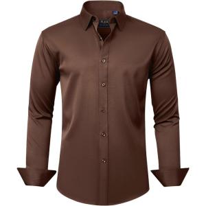 imageJVER Mens Dress Shirts Solid Long Sleeve Stretch WrinkleFree Formal Shirt Business Casual Button Down ShirtsBrown