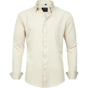 imageJVER Mens Dress Shirts Solid Long Sleeve Stretch WrinkleFree Formal Shirt Business Casual Button Down ShirtsLight Creamy Yellow