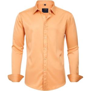 imageJVER Mens Dress Shirts Solid Long Sleeve Stretch WrinkleFree Formal Shirt Business Casual Button Down ShirtsLight Orange