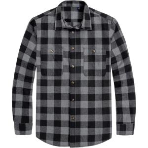 imageJVER Flannel Shirt for Men Plaid Long Sleeve Casual Button Down Shirts Regular Fit Cotton Buffalo Checkered Top with PocketsBlack Grey