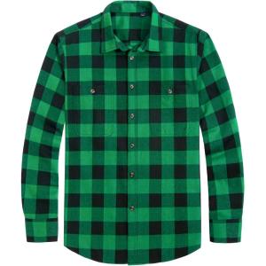 imageJVER Flannel Shirt for Men Plaid Long Sleeve Casual Button Down Shirts Regular Fit Cotton Buffalo Checkered Top with PocketsGreen