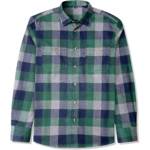 imageJVER Flannel Shirt for Men Plaid Long Sleeve Casual Button Down Shirts Regular Fit Cotton Buffalo Checkered Top with PocketsGreen Navy