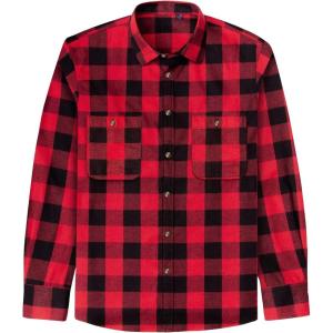 imageJVER Flannel Shirt for Men Plaid Long Sleeve Casual Button Down Shirts Regular Fit Cotton Buffalo Checkered Top with PocketsRed Black